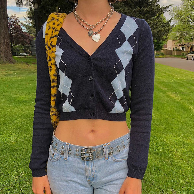 Diamond Jacquard V-Neck Cardigan Wool Long Sleeve Top For Women