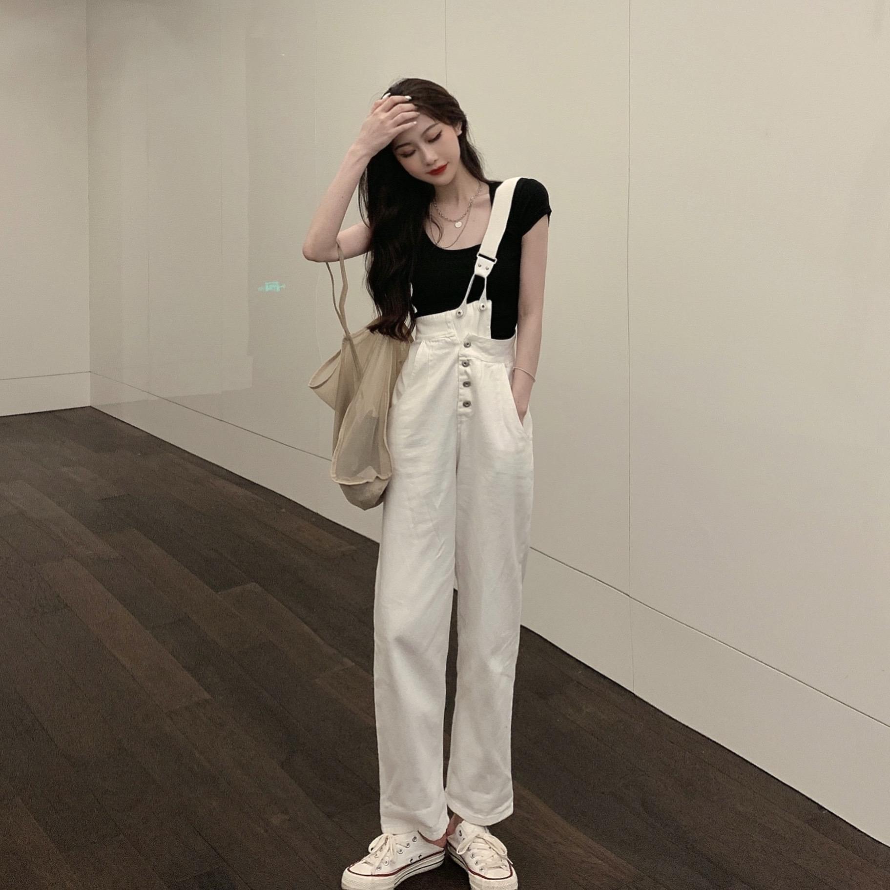 Women's White Slim One-shoulder Denim Overalls