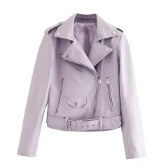 Street Handsome Belt Motorcycle Leather Ladies Jacket - Purple - View 1