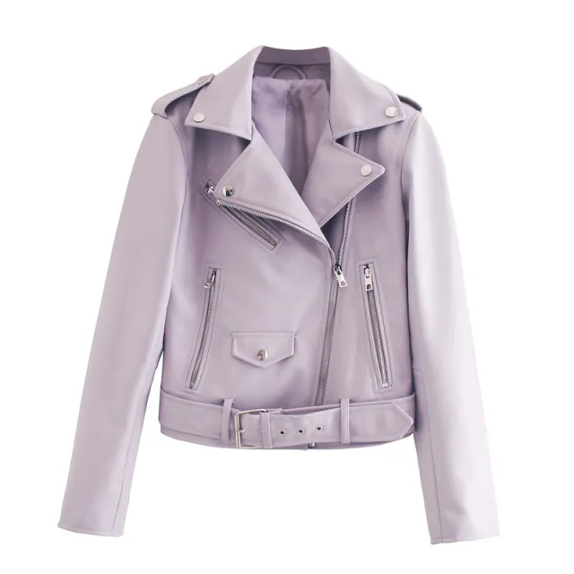 Street Handsome Belt Motorcycle Leather Ladies Jacket Purple - Shop at LoveMi
