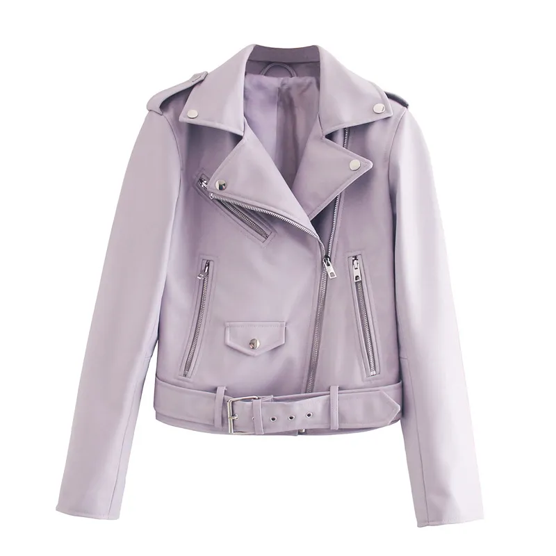 Street Handsome Belt Motorcycle Leather Ladies Jacket - Purple