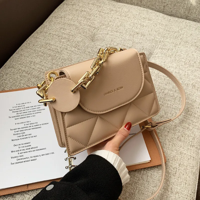 Women's Portable Small Square Bag Chain With Lattice Pattern - Khaki