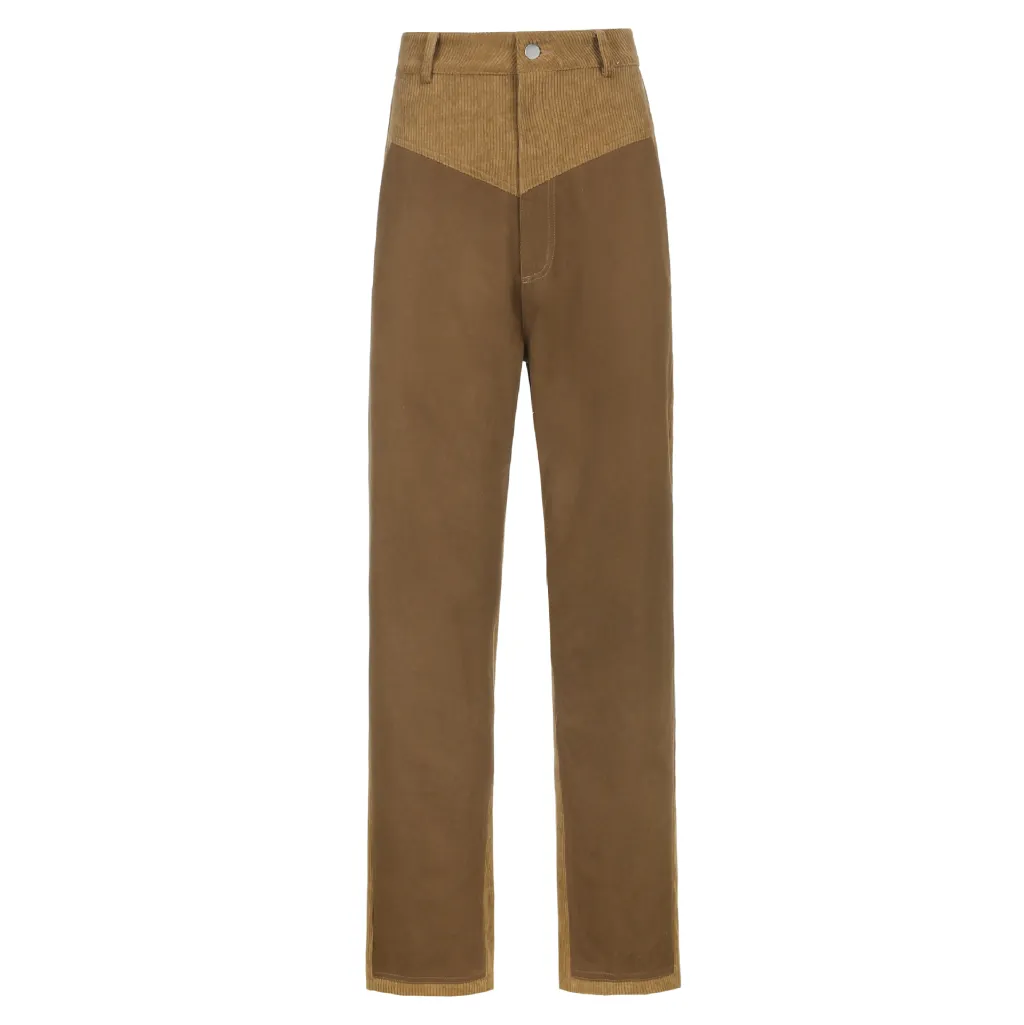 Corduroy Stitching Contrast Waist Straight-leg Pants - Brown