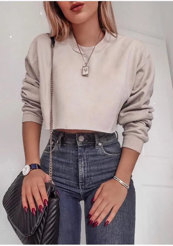 Round neck long sleeved T shirt short sweater Beige - Shop at LoveMi