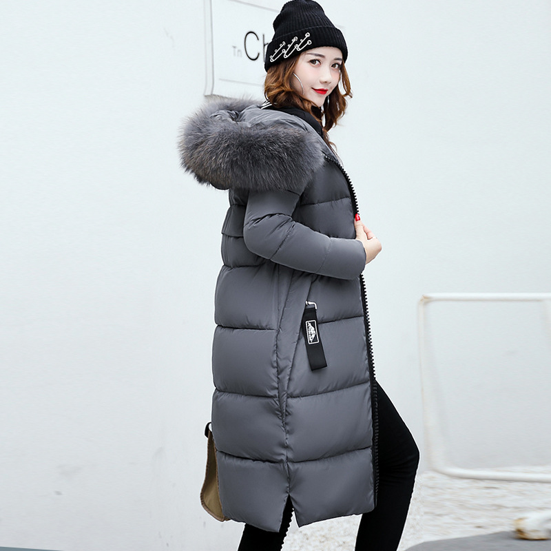 Long cotton jacket hooded big fur collar down jacket Grey - Shop at LoveMi