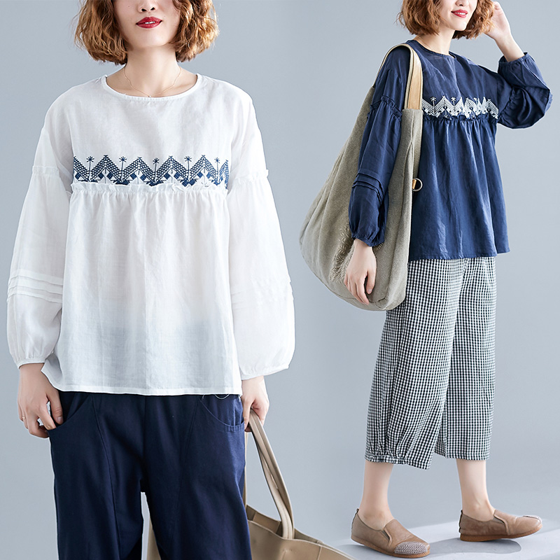 New Literary Embroidery Ramie T-shirt Women Loose And Thin Lantern Sleeve Top