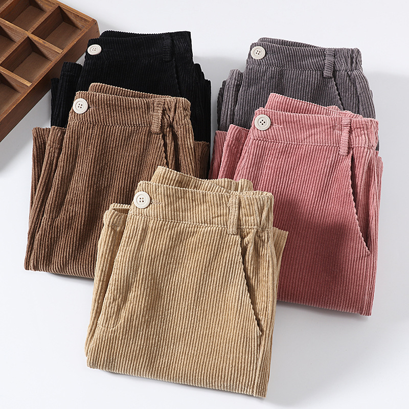 Student corduroy wide leg elastic waist straight pants