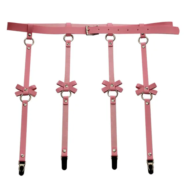 Cross border personality exaggeration European and American PU leather bow Garter Belt Hip Hop nightclub sexy leg ring hanger clip Pink Gourd Clasp - Shop at LoveMi