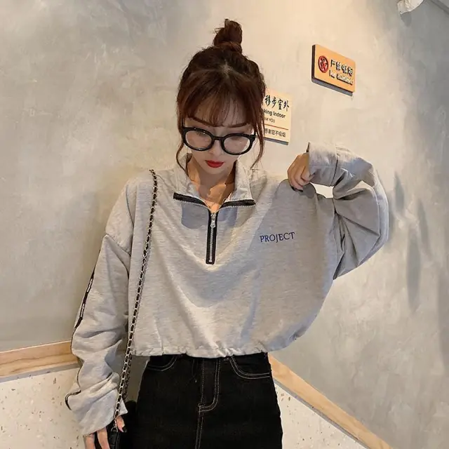 Korean style high waist cropped long sleeve zipper sweater Grey - Shop at LoveMi