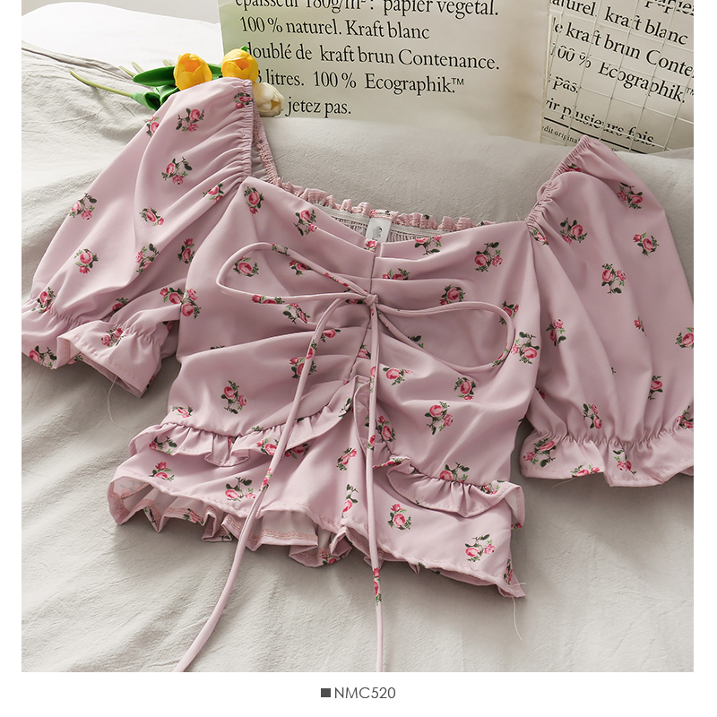 Sweet little flower square neck tie short shirt
