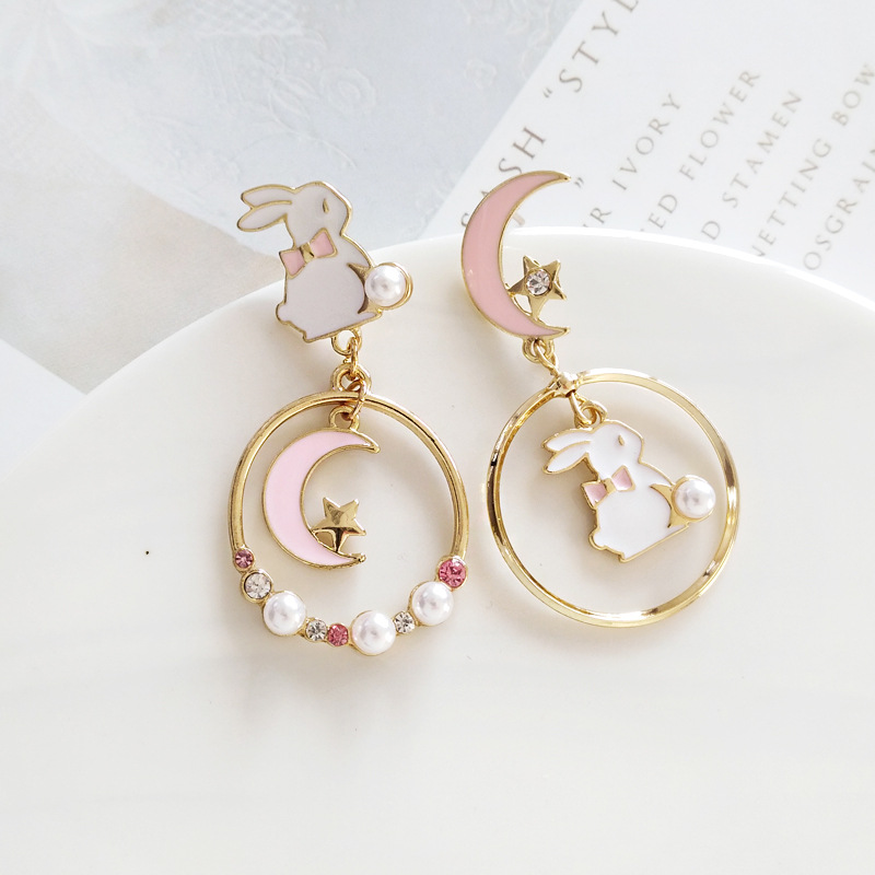 Sweet Temperament Girl Rabbit Metal Moon Earrings