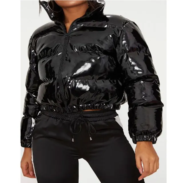 Bright metal short women's cotton coat Black - Shop at LoveMi