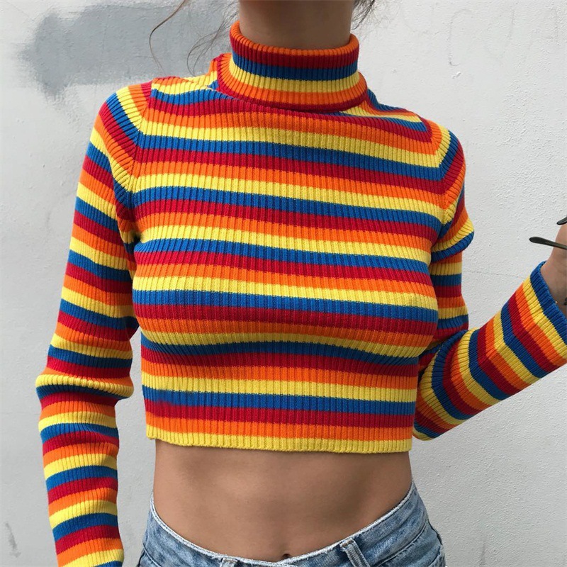 Long Sleeve Crew Neck Rainbow Striped Shape Sweater