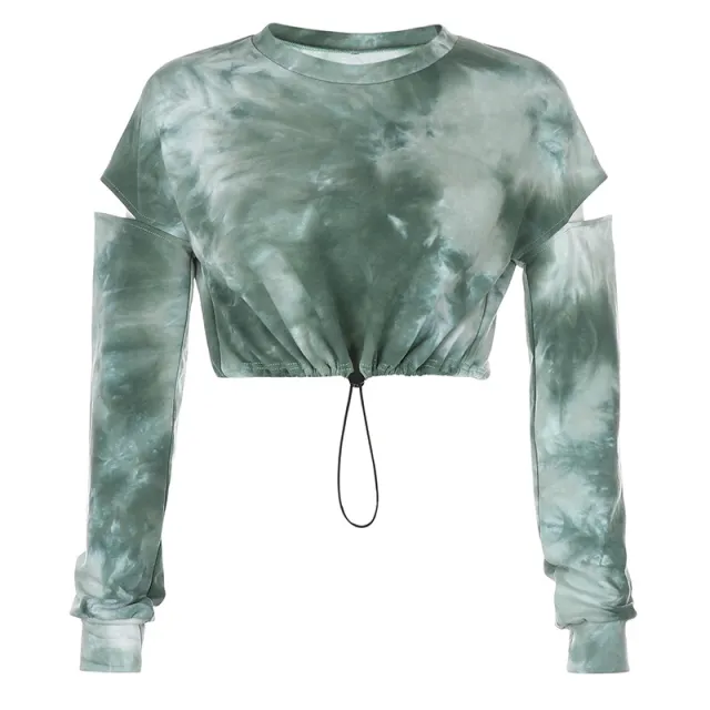 Hollow drawstring waist tie dye crew neck sweatshirt Green - Shop at LoveMi