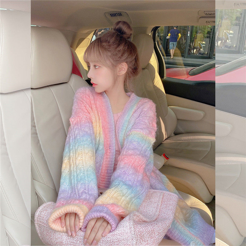Outer Wear Sweater Loose Plush Rainbow Top Cardigan
