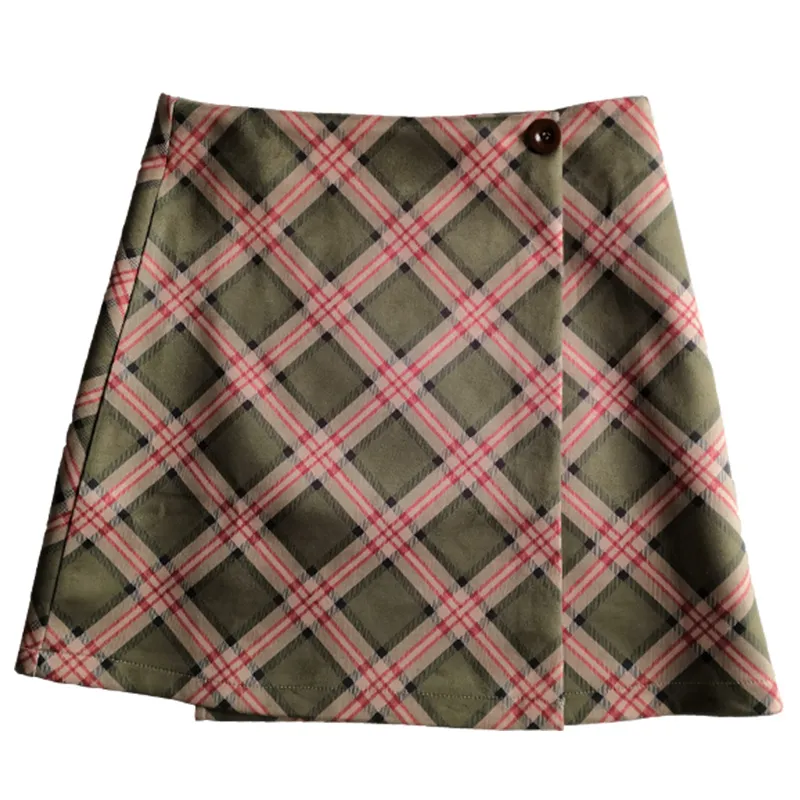 Retro slim Plaid high waist A-line hip skirt - Brown