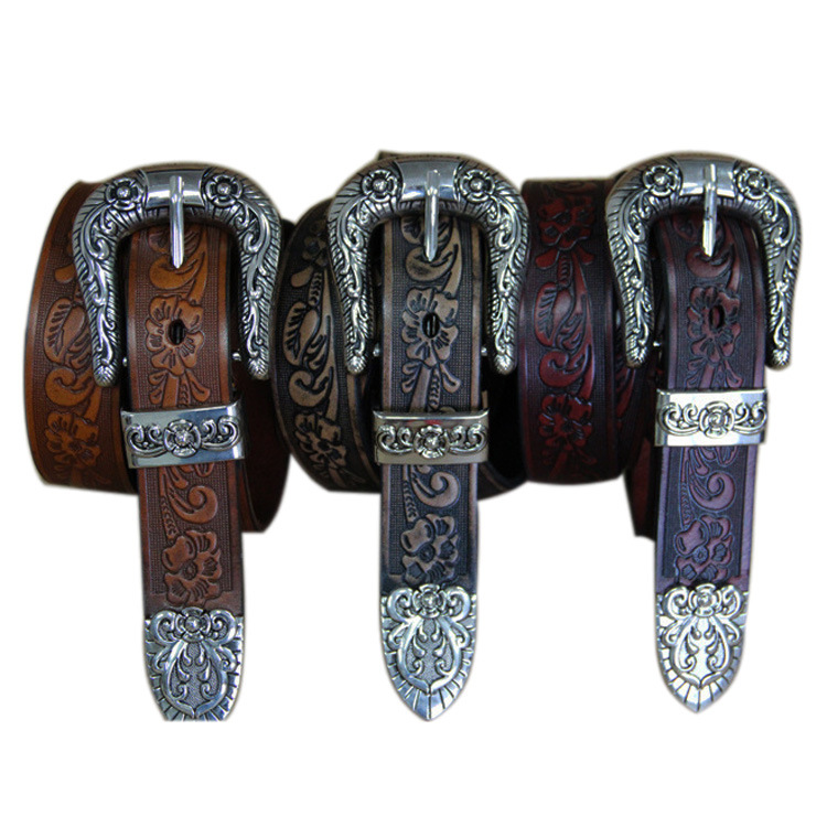 First layer cowhide small rose carved ladies belt