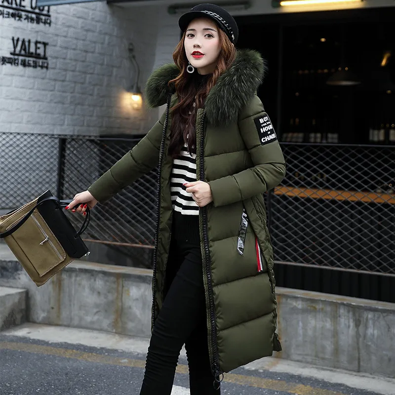 Long cotton jacket hooded big fur collar down jacket - Green