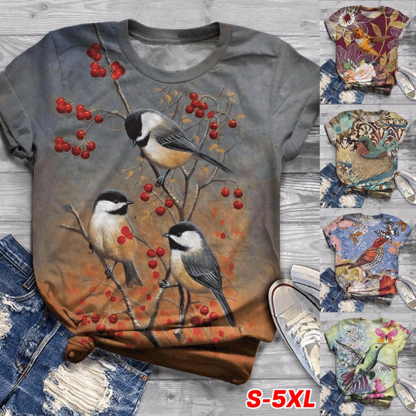 Women's fashion floral hummingbird print fitness short-sleeved T-shirt top
