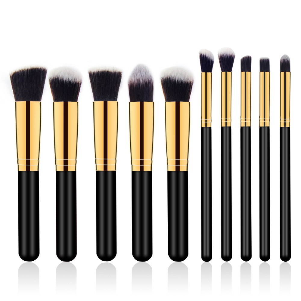 Wooden Handle Cosmetic Brush Suit Black Gold - Shop at LoveMi