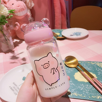 Creative Sequins Pig Glass Water Bottle Pig B - Shop at LoveMi