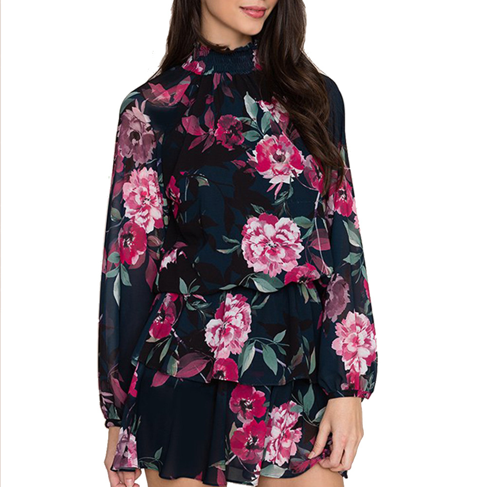 Floral vintage dress with a high neckline