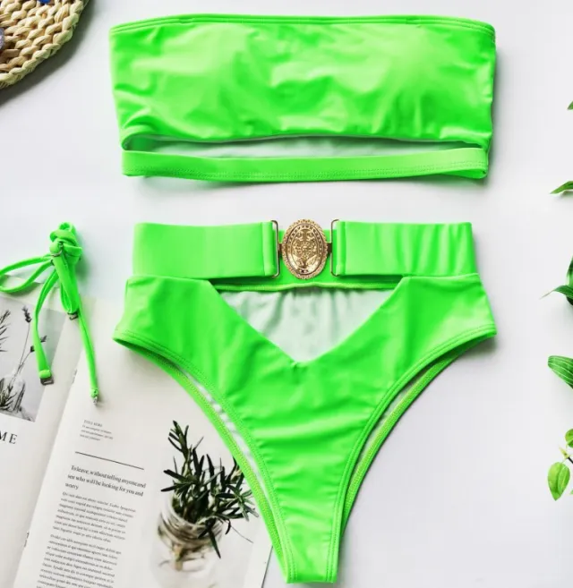 Ladies split swimsuit with metal buckle Green - Shop at LoveMi