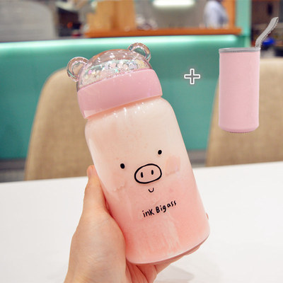 Creative Sequins Pig Glass Water Bottle Pig A With Cover - Shop at LoveMi