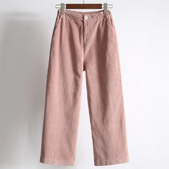 Student corduroy wide leg elastic waist straight pants Pink - Shop at LoveMi