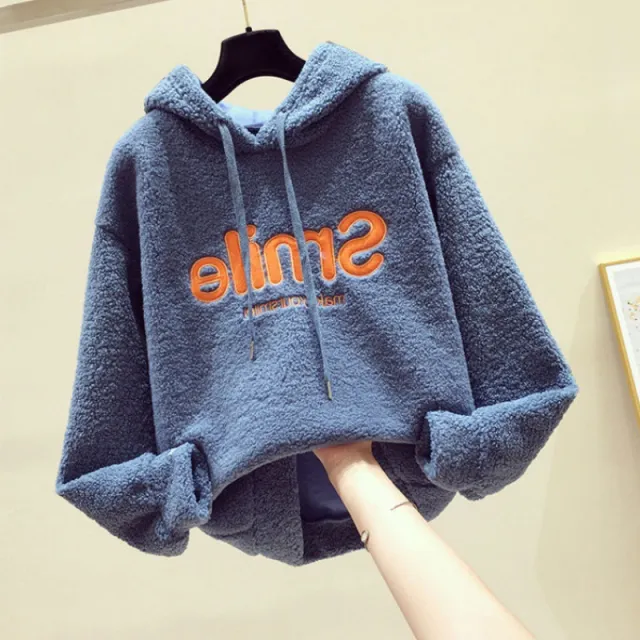Women's new hooded sweater in winter with velvet thickening imitation lamb wool Blue - Shop at LoveMi