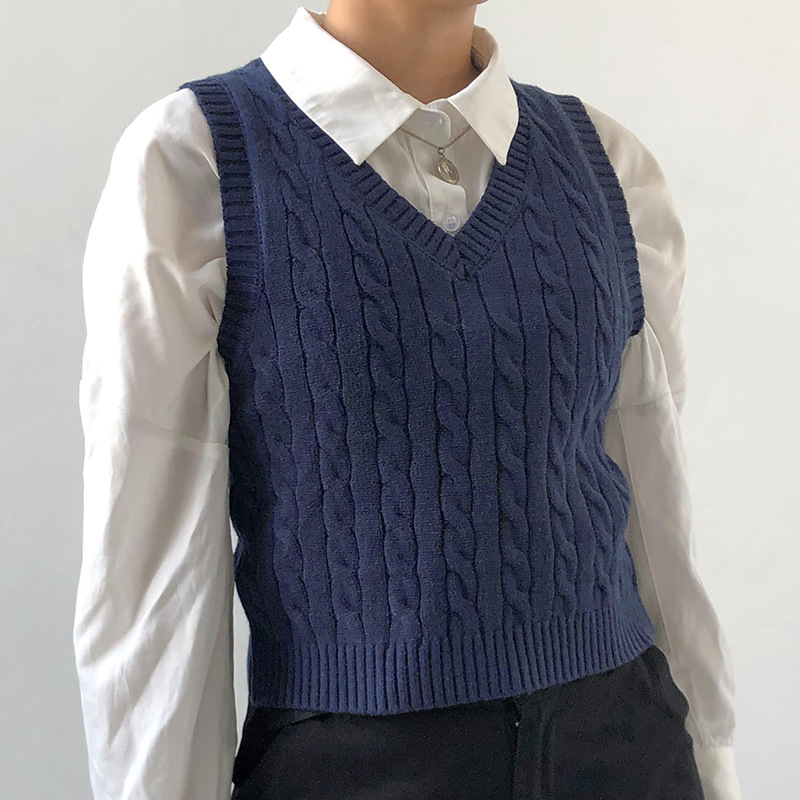 All-match solid color knitted V-neck vest