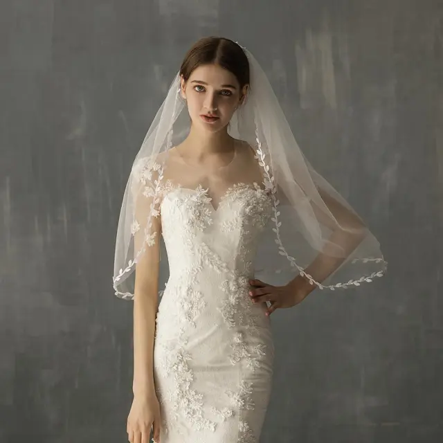 Mid Length Bridal Veil With Double Leaf Edge White - Shop at LoveMi