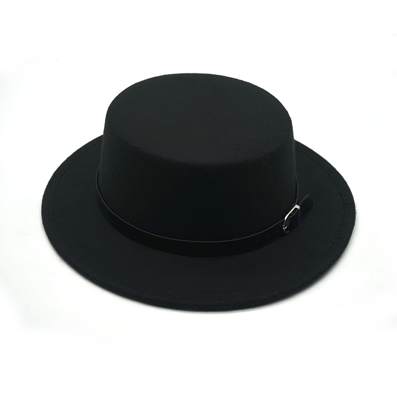 Pure Color Silver Buckle Belt Woolen Flat Top Hat Black - Shop at LoveMi