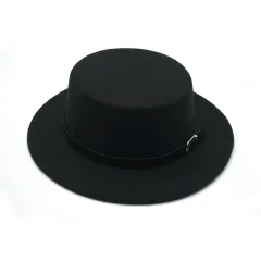Pure Color Silver Buckle Belt Woolen Flat Top Hat - Black - View 1
