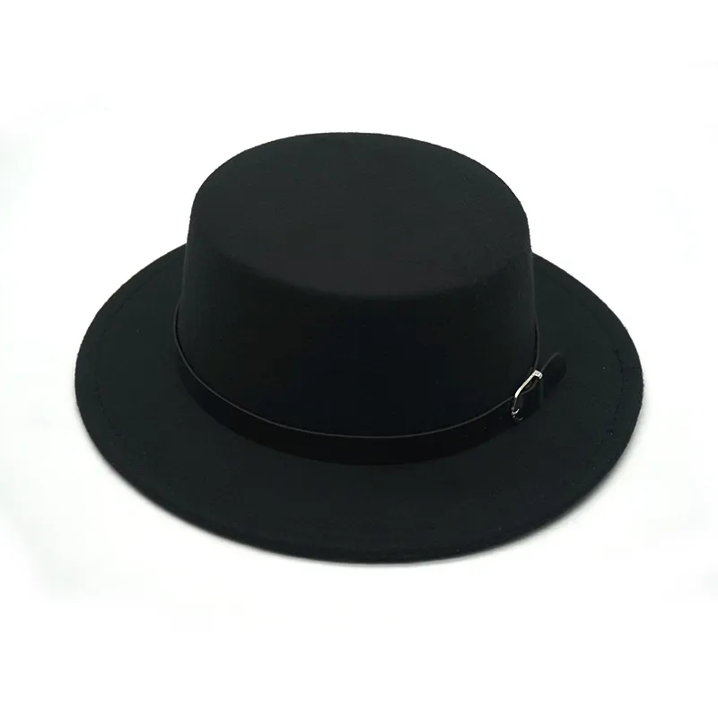 Pure Color Silver Buckle Belt Woolen Flat Top Hat - Black