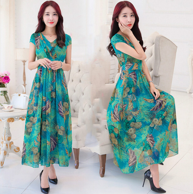 V-neck chiffon print dress slim dress