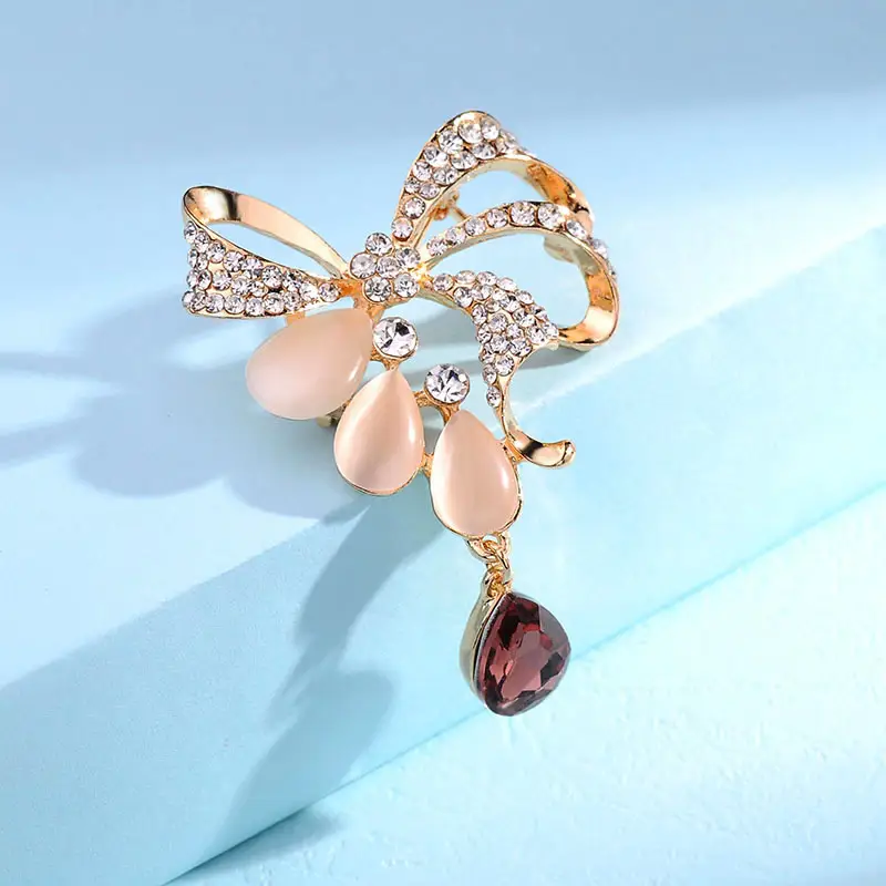 Bowknot Opal Water Drop Corsage Shining Crystal Brooch