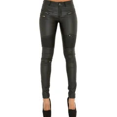 Faux leather denim pants large size stitching zipper motorcycle leather pants - Black - View 1