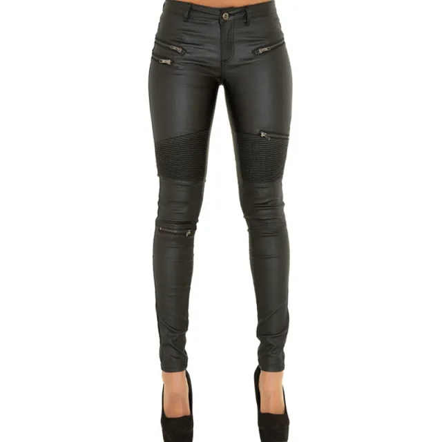 Faux leather denim pants large size stitching zipper motorcycle leather pants Black - Shop at LoveMi