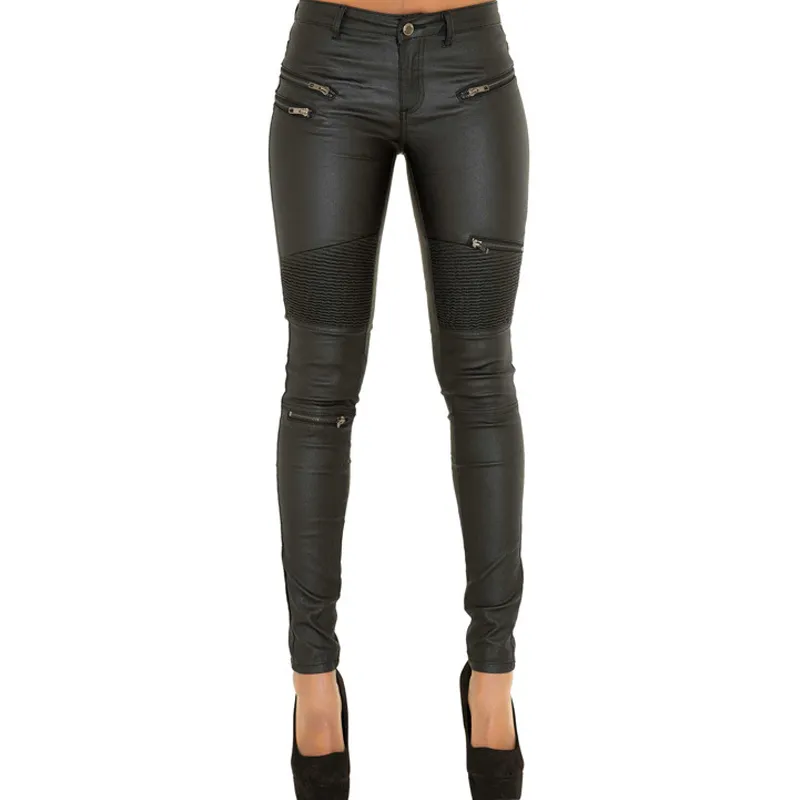 Faux leather denim pants large size stitching zipper motorcycle leather pants - Black