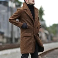 Double-breasted mid-length men's lapel woolen trench coat - Camel - View 1