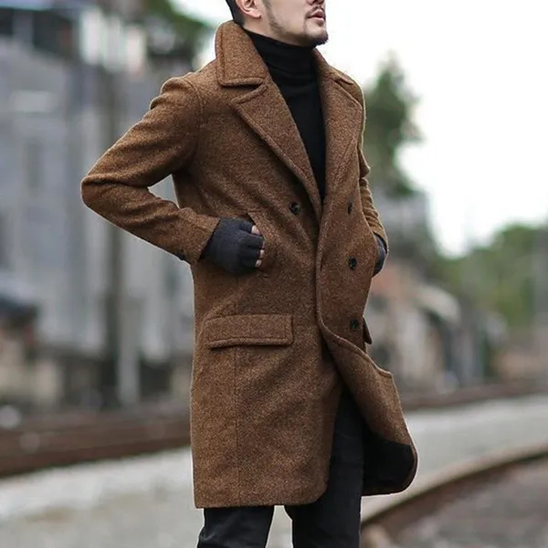 Double breasted mid length men's lapel woolen trench coat Camel - Shop at LoveMi