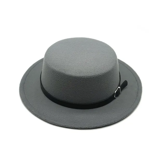 Pure Color Silver Buckle Belt Woolen Flat Top Hat Grey - Shop at LoveMi