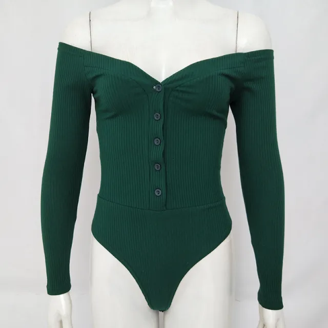 V neck Long Sleeved Button Jumpsuit T shirt Blouse Green - Shop at LoveMi