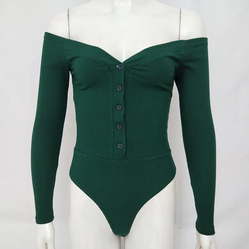 V-neck Long-Sleeved Button Jumpsuit T-shirt Blouse - Green