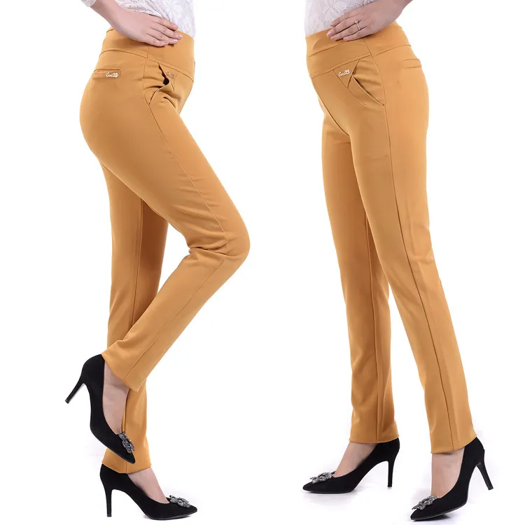 Elastic Waist Straight Leg Pants Mother Cropped Pants - Yellow