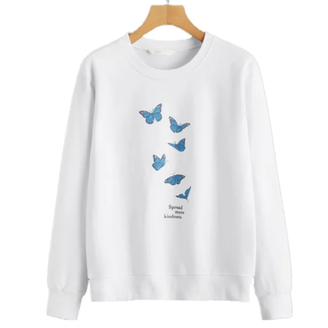 Casual Round Neck Loose Long Sleeve Butterfly Print Basic Sweater White - Shop at LoveMi