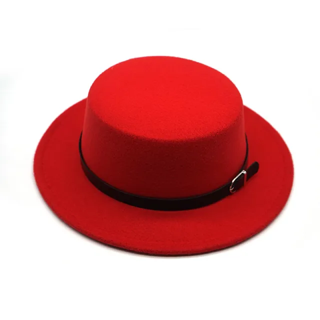 Pure Color Silver Buckle Belt Woolen Flat Top Hat Red - Shop at LoveMi