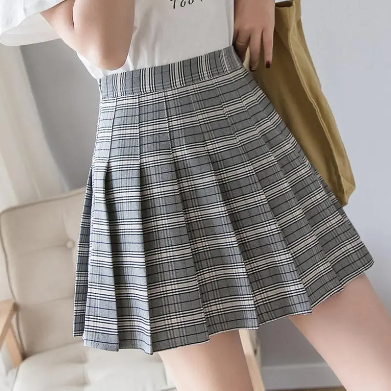 British High Waisted Slim Plaid Pleated Skirt For Women - Dark Grey