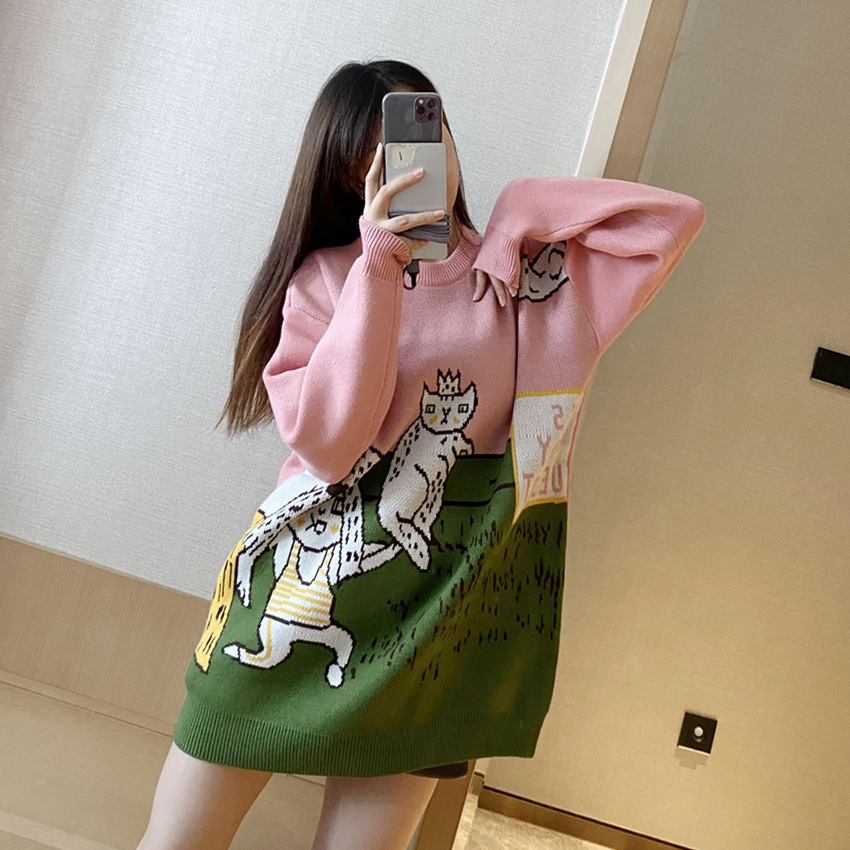 Cute cat loose cartoon pattern sweater top sweater